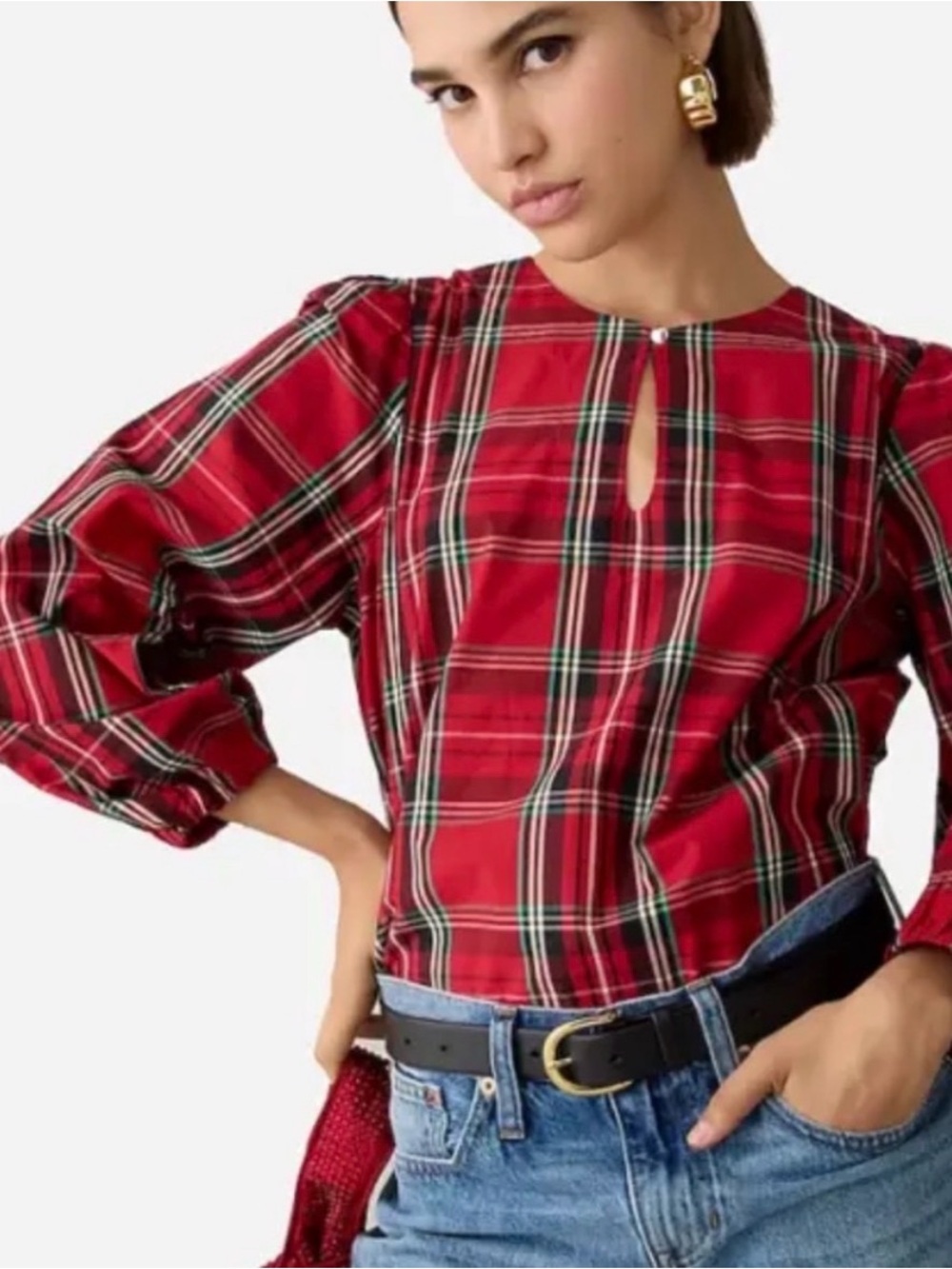 J. Crew | Puff Sleeve Poplin Top in Good Tidings Plaid | Deep Ruby Red